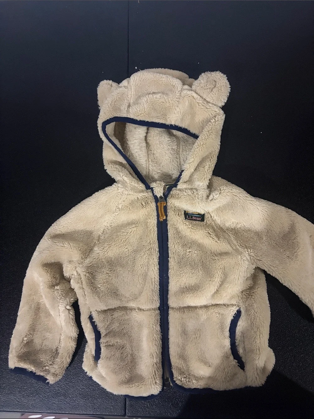 L.L. Bean Cream Teddy Fleece Hooded Jacket with Navy Trim